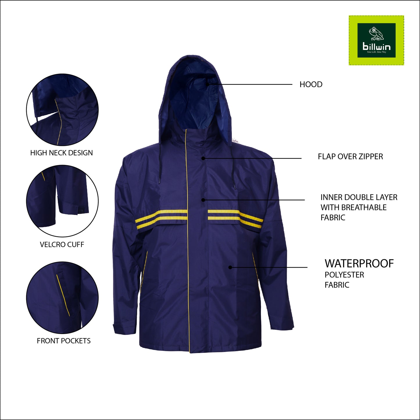 Billwin Classic Navy and Yellow Waterproof Rainsuit for Men - B3