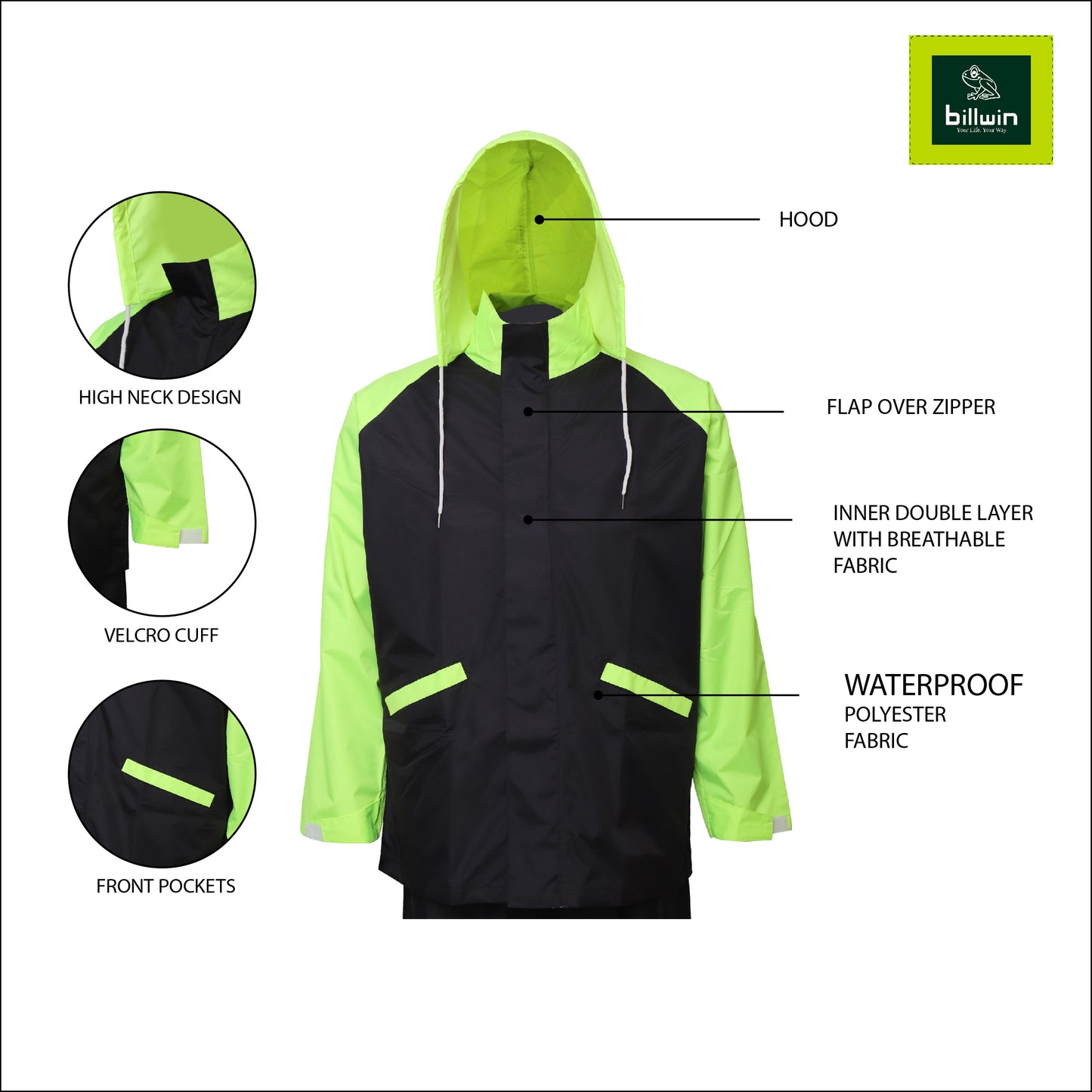 Billwin Sporty Men’s Waterproof Rainsuit with a Reflector at back - NEO