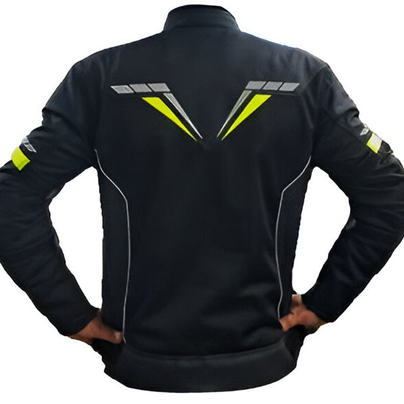 motorcycle riding jacket black colour with yellow print back side