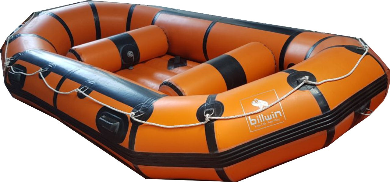 Inflatable rescue boat in orange color in oval shape