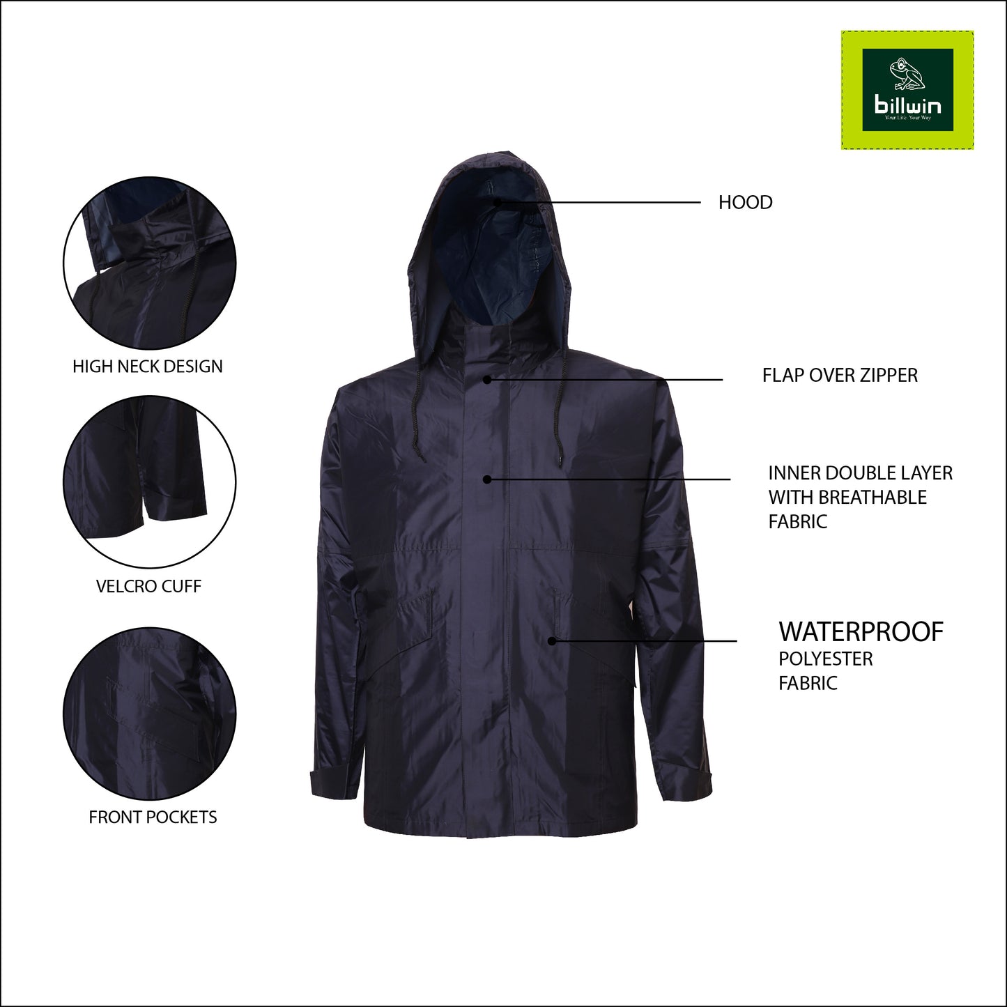 Billwin Standard Waterproof Rainsuit for Men with Hood- Derby